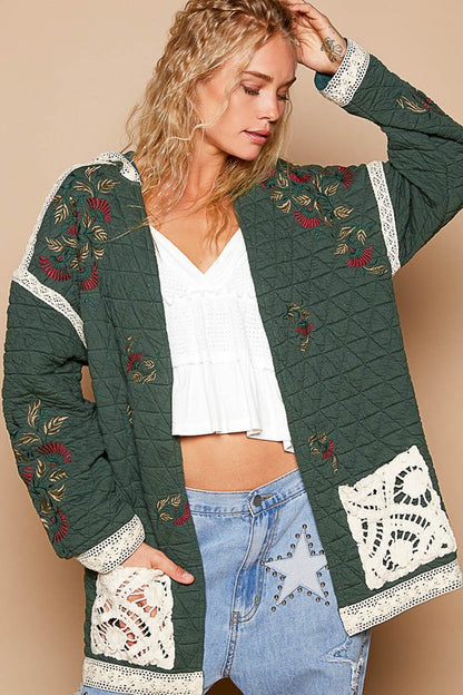 POL Embroidered Dreams Open Front Quilted Jacket with Crochet Pockets in Dark Green