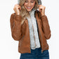 YMI Fuzzy Feels Faux Layered Double-Zipper Jacket with Fuzzy Hood in Camel