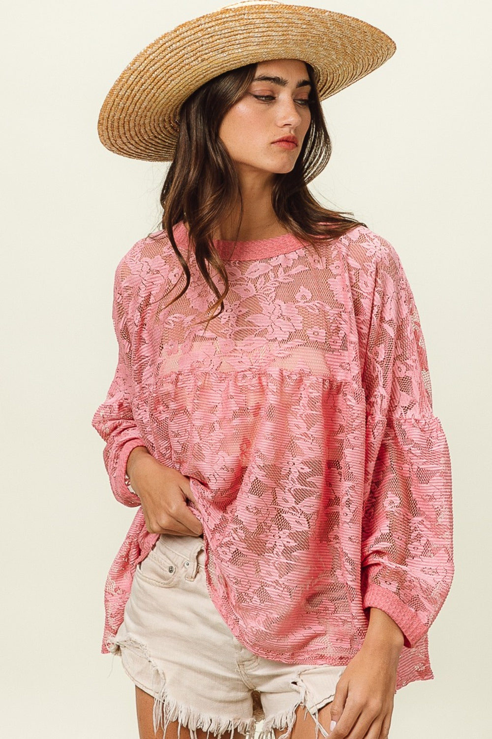 BiBi Bohemian Lace Floral Lace Long Sleeve Top