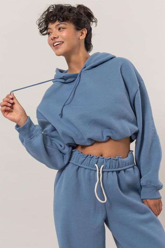 HYFVE Bubbly and Cozy Bubble Hem Cropped Hoodie in Gray Blue