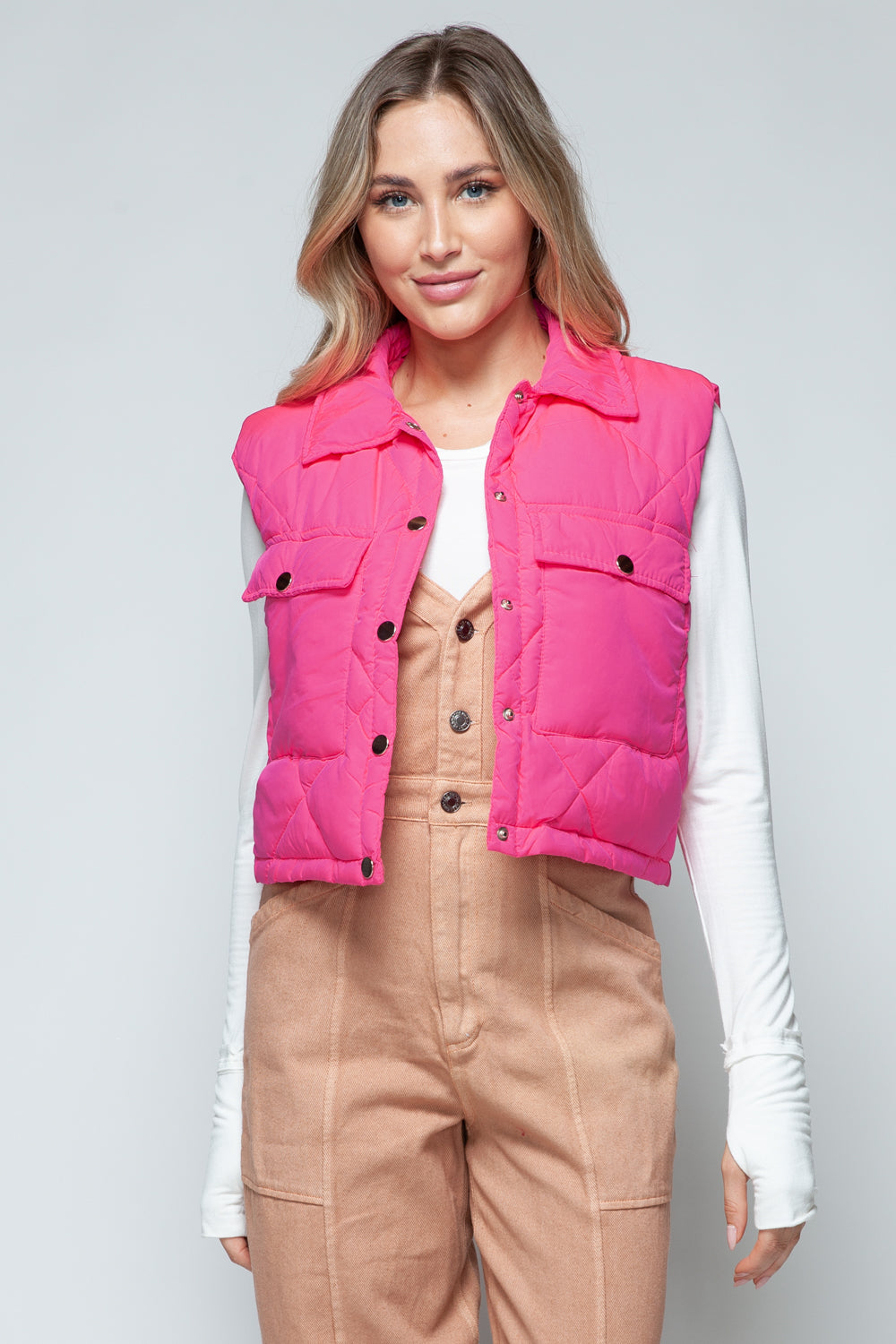 Snobbish Quilted and Cute Snap Down Quilted Crop Vest in Hot Pink