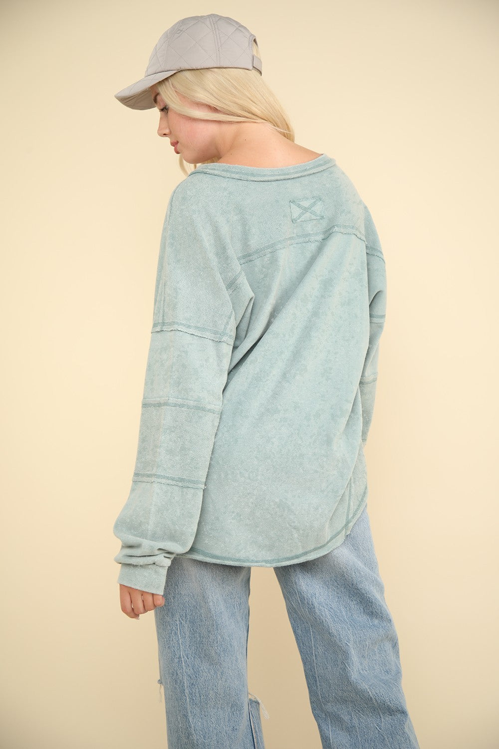 VERY J Here There And Everywhere Washed V-Neck Exposed Seam Knit Top in Sage