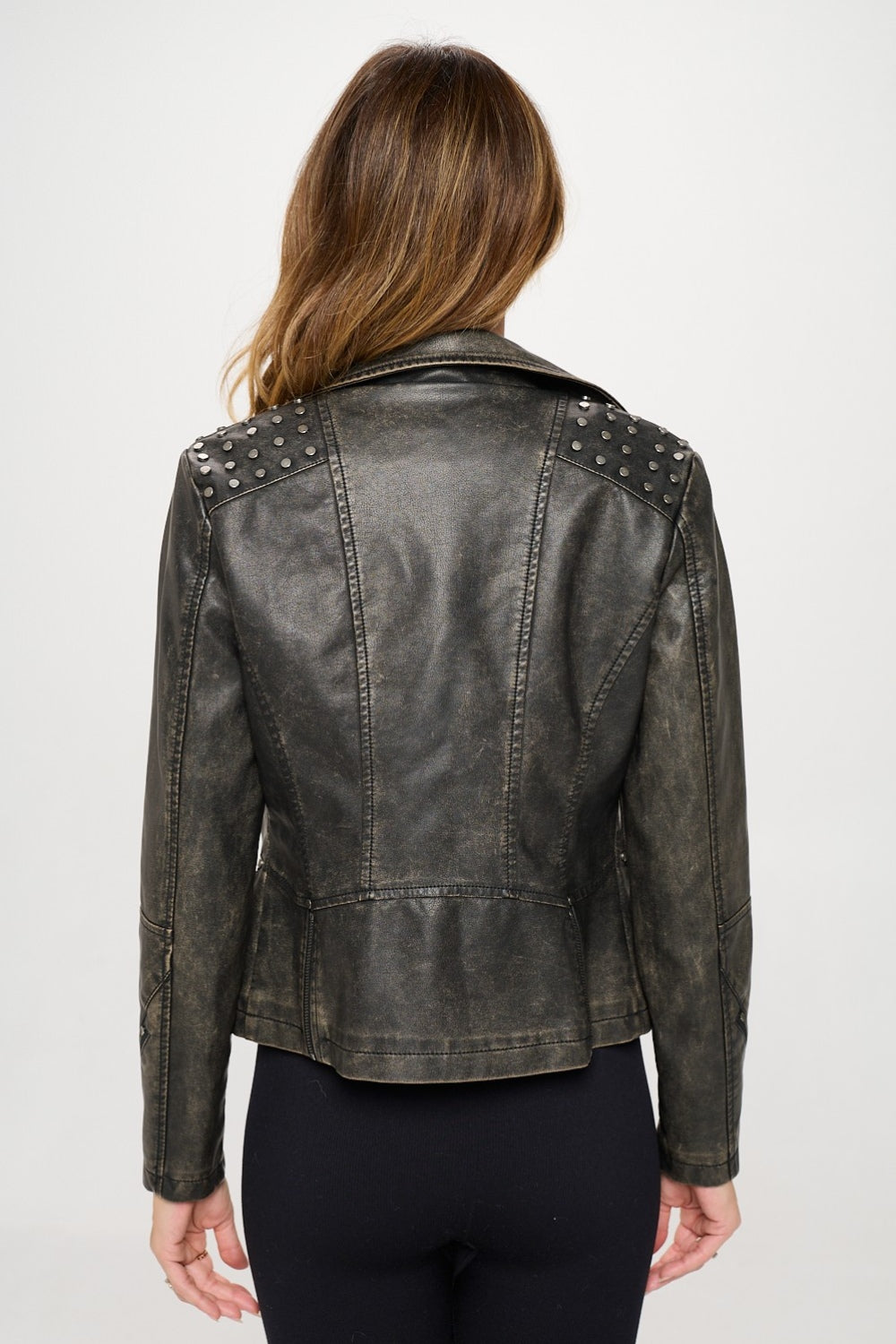 Coalition LA Classy With An Attitude Studded Classic Moto Faux Leather Jacket in Brown