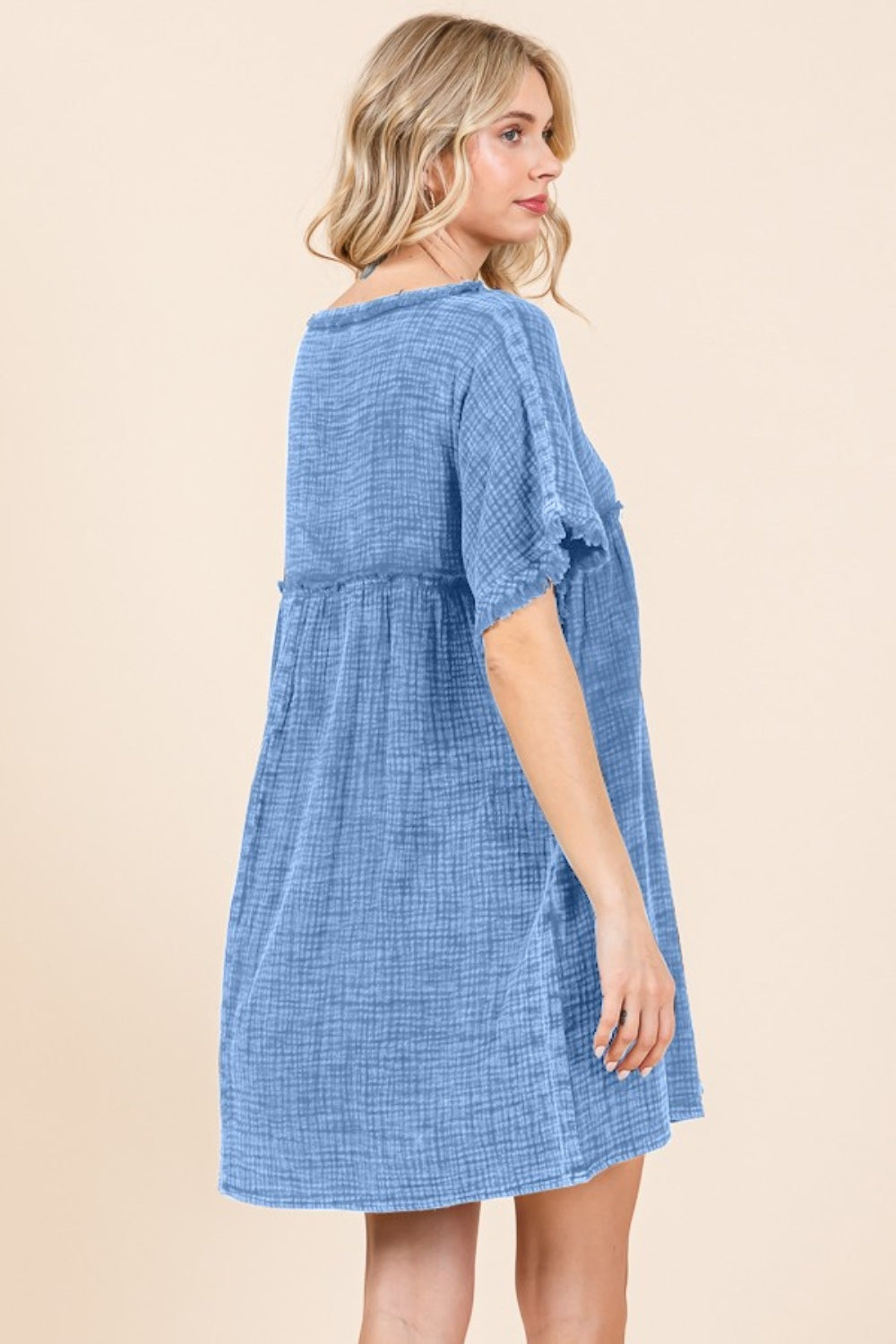 Culture Code Relaxed Babydoll Short Sleeve Babydoll Texture Dress with Pockets in New Dusty Blue