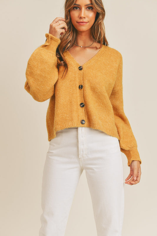MABLE Buttoned Up Long Sleeve Button Down Sweater Cardigan in Mustard