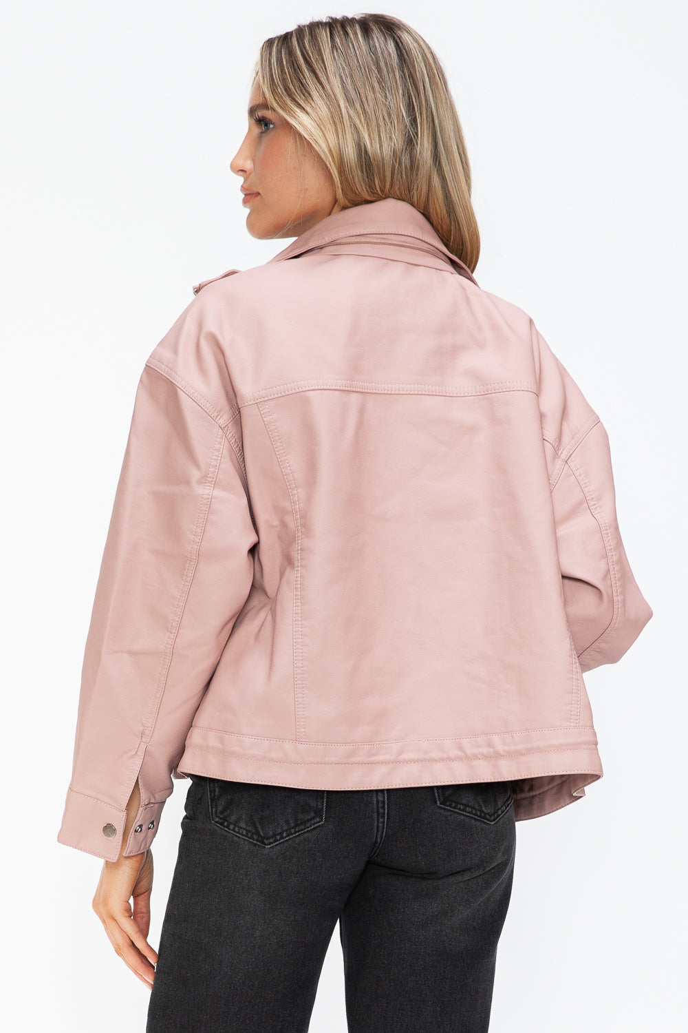 How Dare U My Favorite Layer Drawstring Hem PU Leather Zip Up Jacket in Mauve