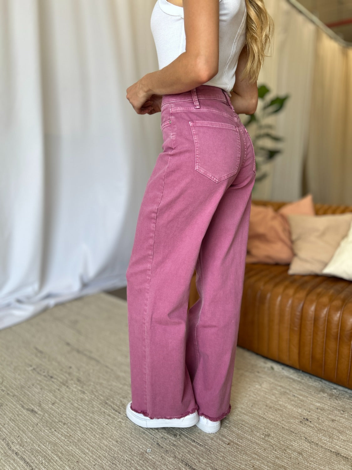 RFM Raelene High Rise Garment Dye Wide Leg Jeans in French Rose