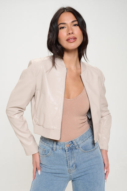 Coalition LA My Go To Bomber Zip Up Cropped Bomber Jacket in Cream