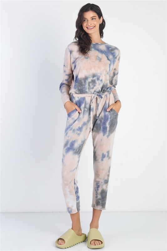 Cherish Apparel Happier With You Tie-Dye Round Neck Long Sleeve Jumpsuit with Pockets