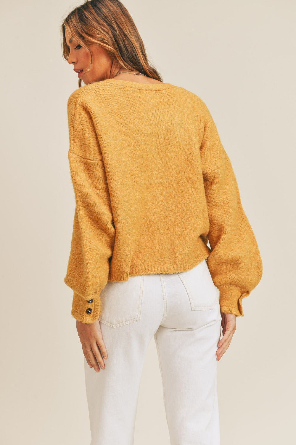 MABLE Buttoned Up Long Sleeve Button Down Sweater Cardigan in Mustard