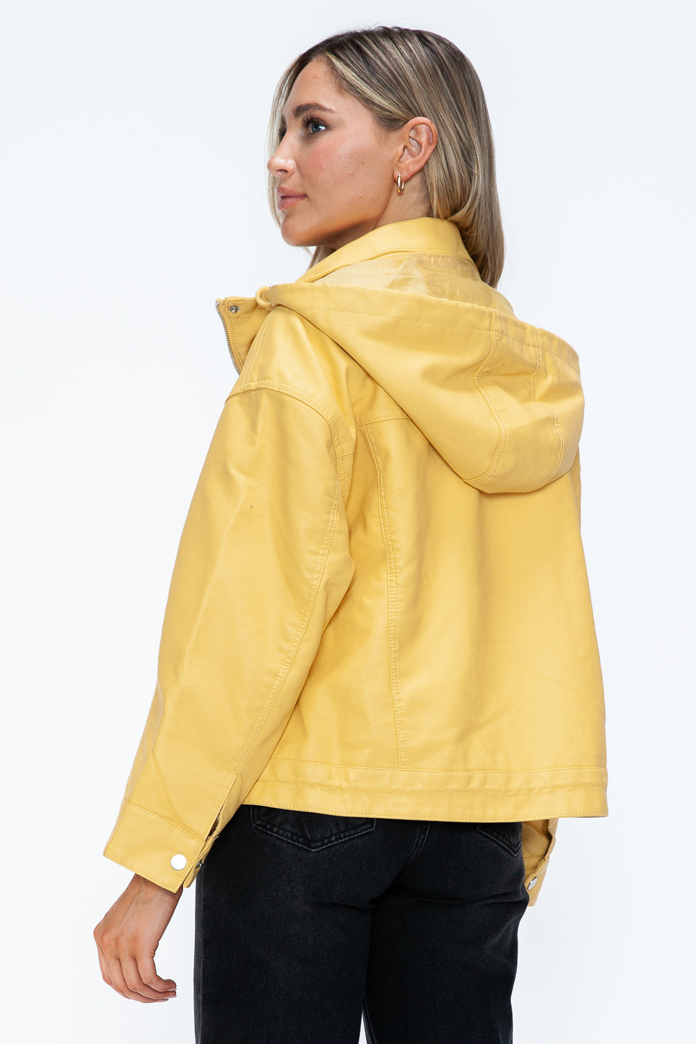 How Dare U My Favorite Layer Drawstring Hem PU Leather Zip Up Jacket in Pale Yellow