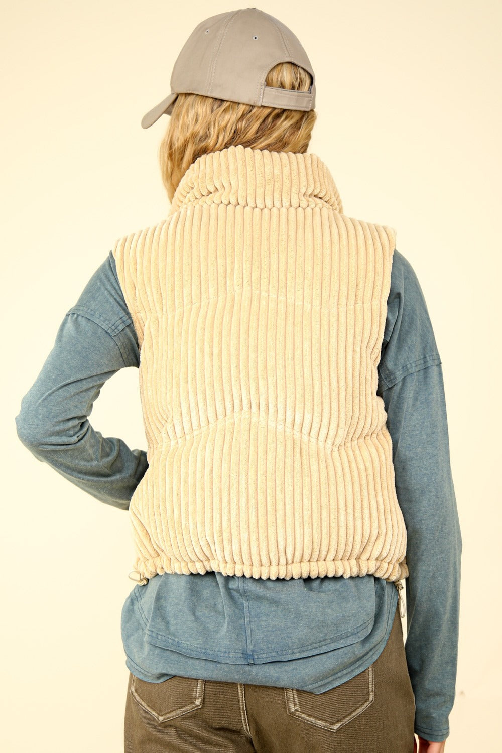 VERY J Fall Adventures Zip Up Padded Corduroy Puffer Vest in Cream