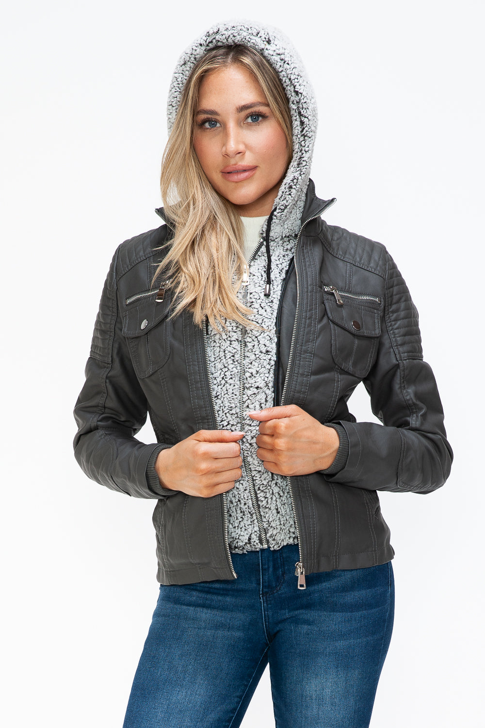 YMI Hooded and Happy Removable Faux Layered Multi-Pocket Jacket with Fuzzy Hood in Charcoal