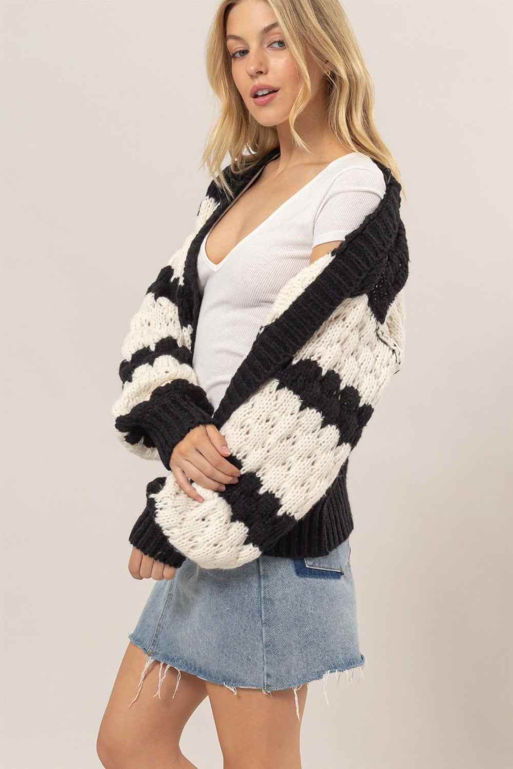 HYFVE Hugs and Kisses Scallop Striped Open Front Long Sleeve Sweater Cardigan