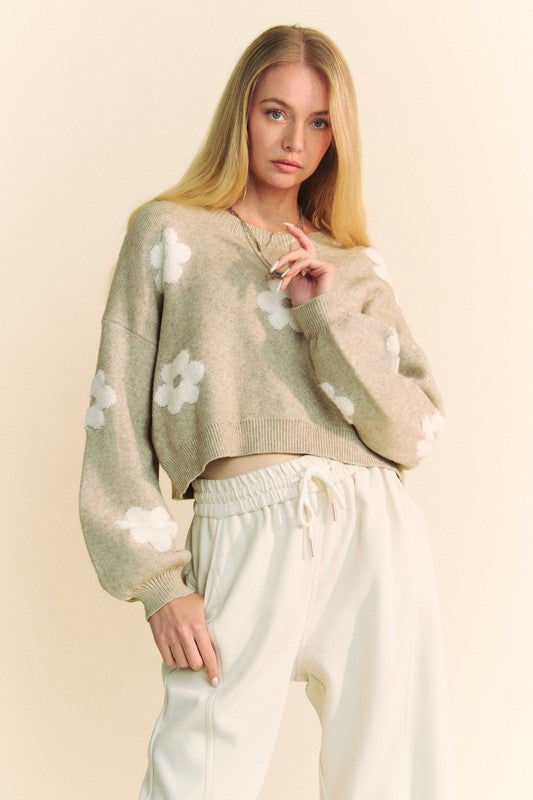 Davi & Dani Flexing The Flower Power Floral Drop Shoulder Cropped Sweater