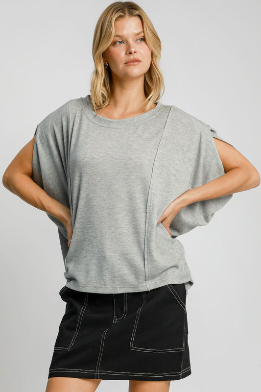 Umgee I'm On Point Exposed Seam Batwing Sleeve Knit Top in Gray