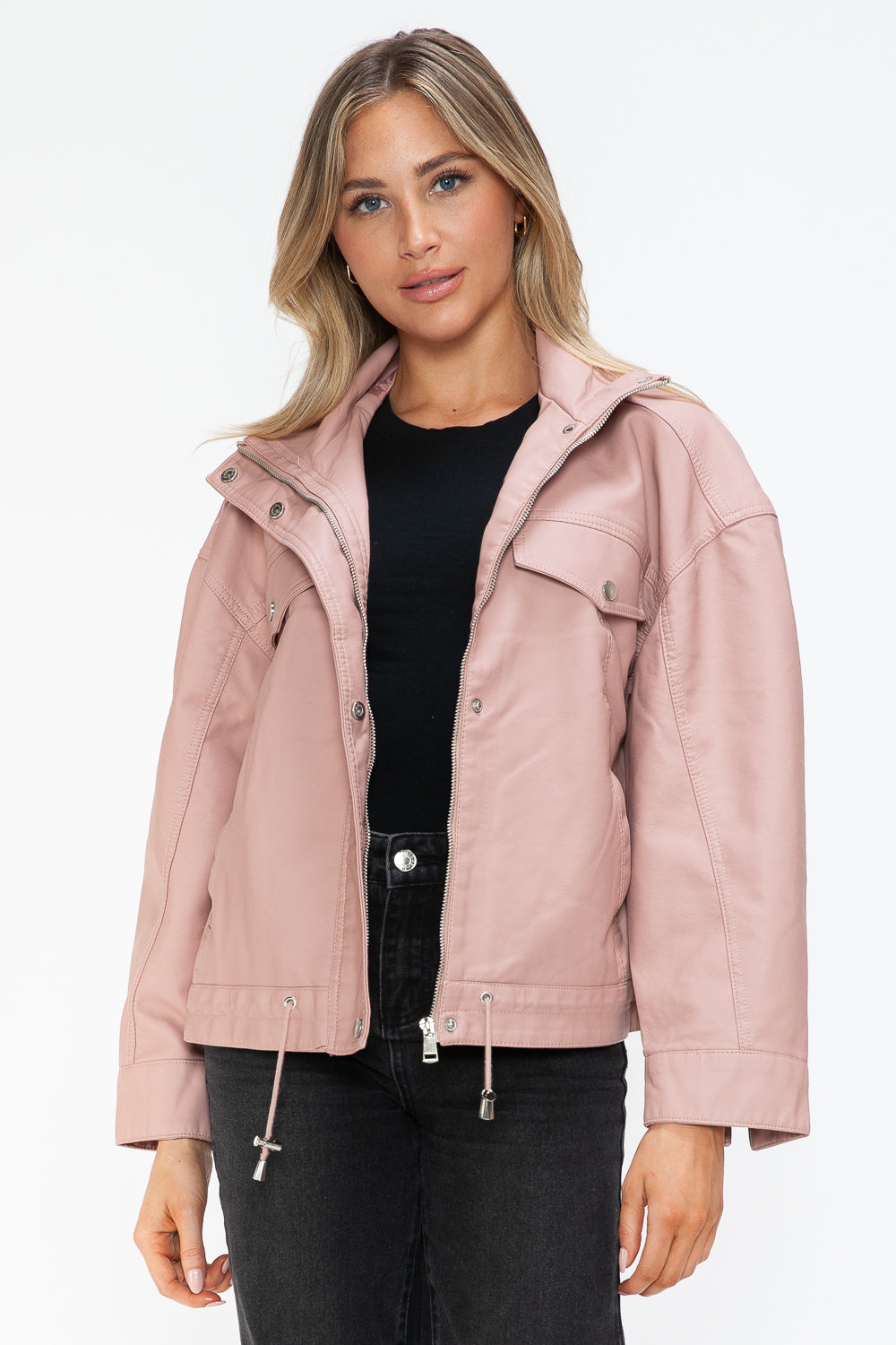 How Dare U My Favorite Layer Drawstring Hem PU Leather Zip Up Jacket in Mauve