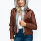 YMI Fuzzy Feels Faux Layered Double-Zipper Jacket with Fuzzy Hood in Brandy