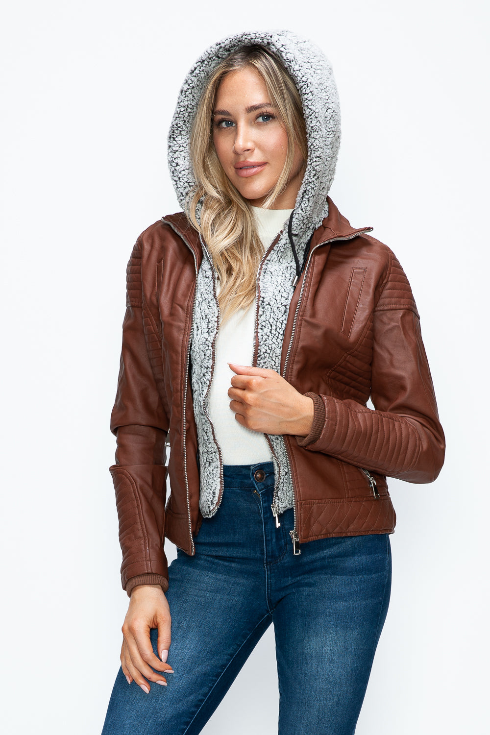 YMI Fuzzy Feels Faux Layered Double-Zipper Jacket with Fuzzy Hood in Brandy