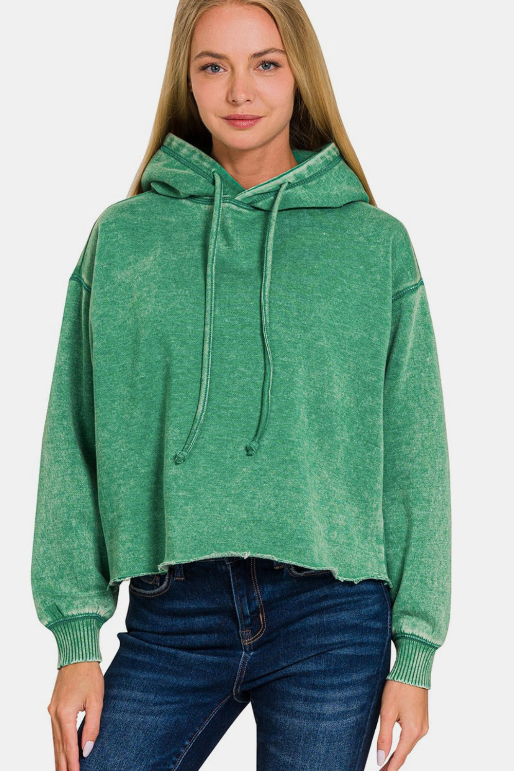 Zenana My Happy Place Acid Wash Fleece Cropped Hoodie in Forest