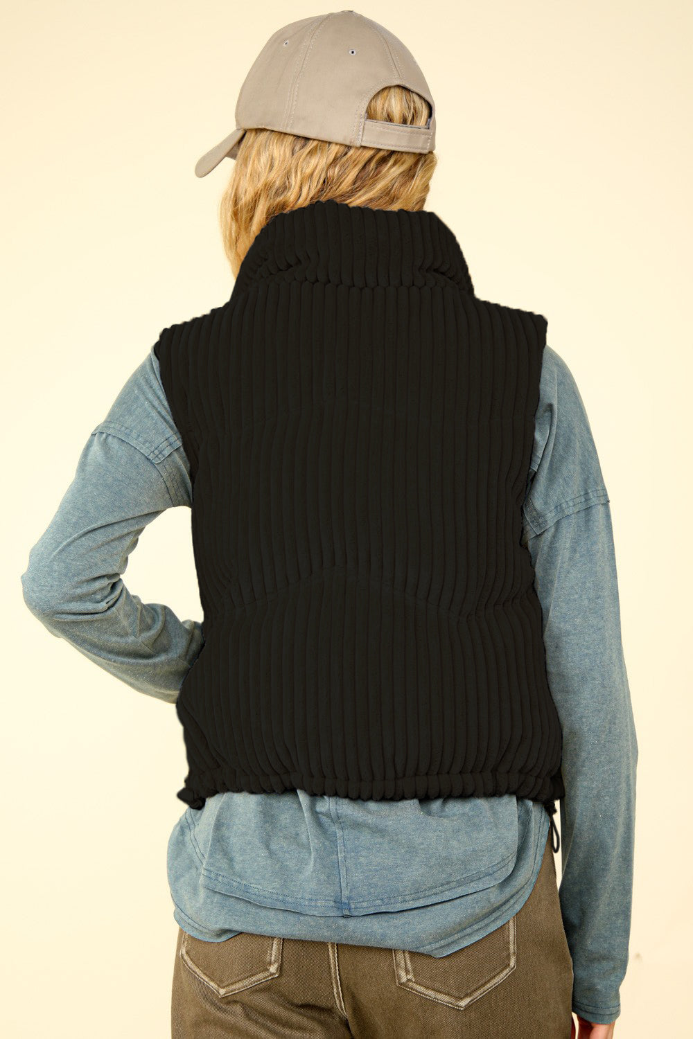 VERY J Fall Adventures Zip Up Padded Corduroy Puffer Vest in Black