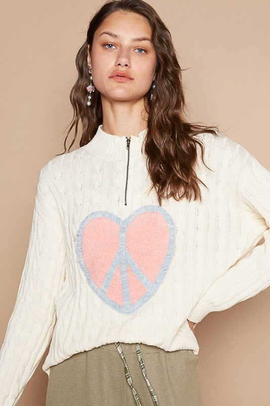 POL Peace and Love Cable-Knit Peace Patch Dropped Shoulder Sweater in Ivory