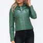 Snobbish Embrace The Day Faux Leather Zip Up Drawstring Hooded Jacket in Sage