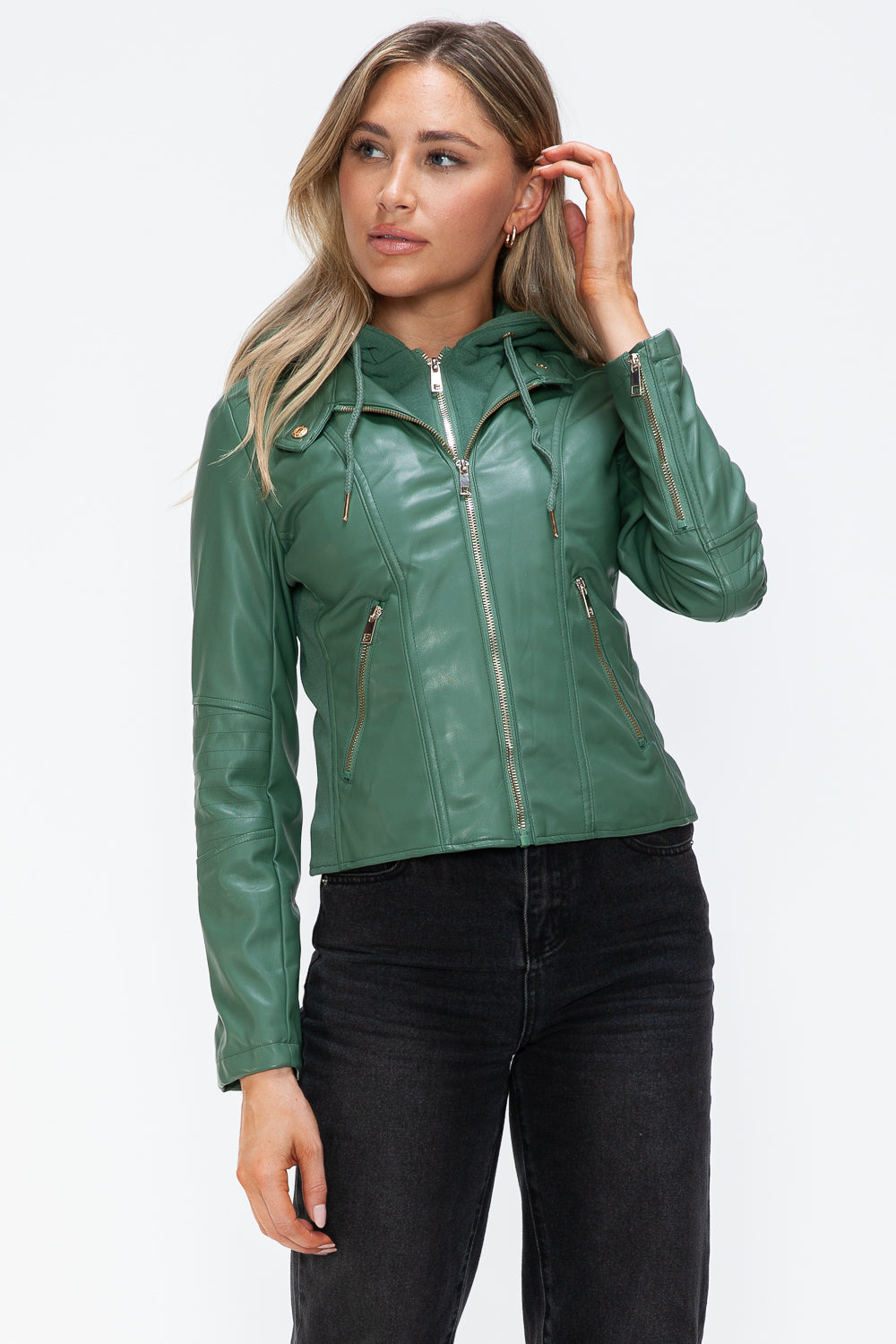 Snobbish Embrace The Day Faux Leather Zip Up Drawstring Hooded Jacket in Sage