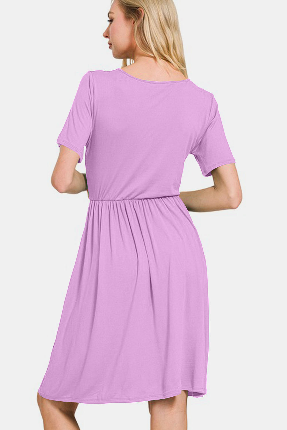 Zenana On The Right Track Surplice Short Sleeve Brushed DTY Dress in Pink Purple