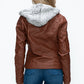 YMI Fuzzy Feels Faux Layered Double-Zipper Jacket with Fuzzy Hood in Brandy