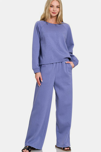 Zenana Cozy Corners Raglan Sleeve Top and Elastic Waist Pants Set in Dusty Blue