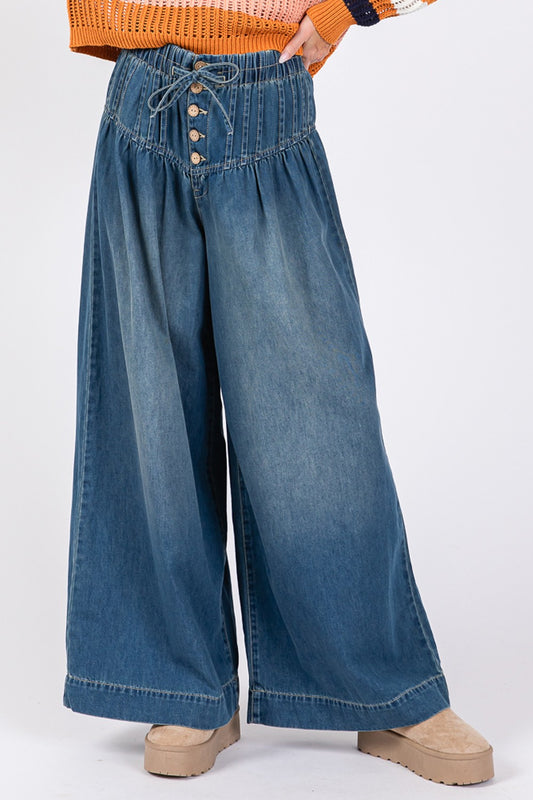 SAGE+FIG On The Move Smocked Waist Band Wide Leg Jeans