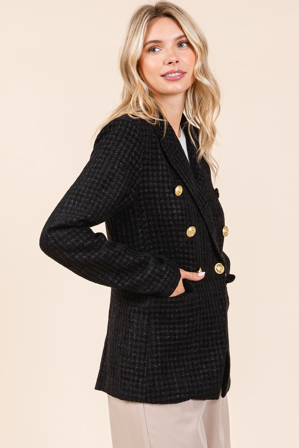 Mittoshop Dressed To Impress Plaid Texture Double-Breasted Long Sleeve Blazer