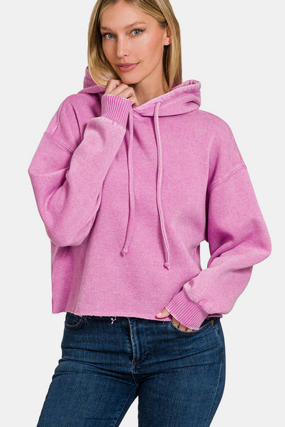 Zenana My Happy Place Acid Wash Fleece Cropped Hoodie in Mauve