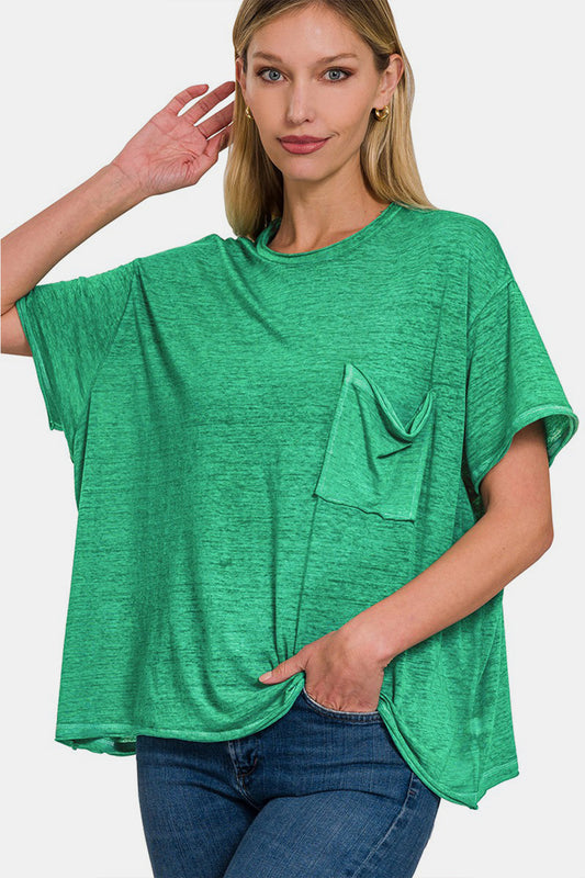 Zenana Relaxed Street Pocketed T-Shirt in Green