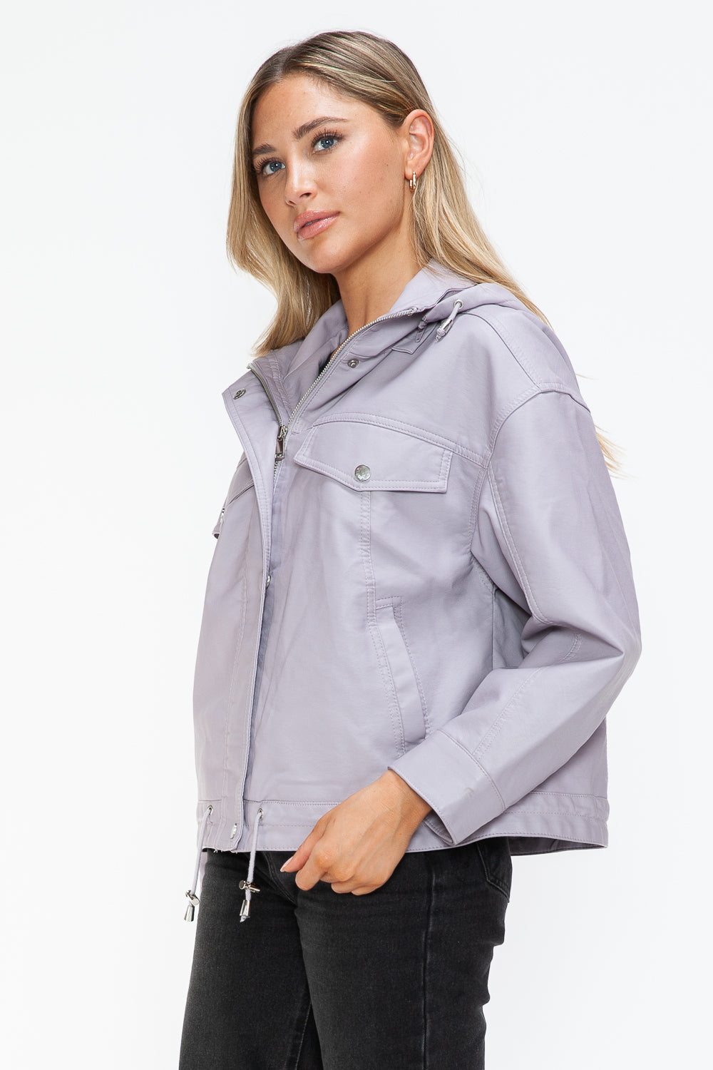 How Dare U My Favorite Layer Drawstring Hem PU Leather Zip Up Jacket in Lilac