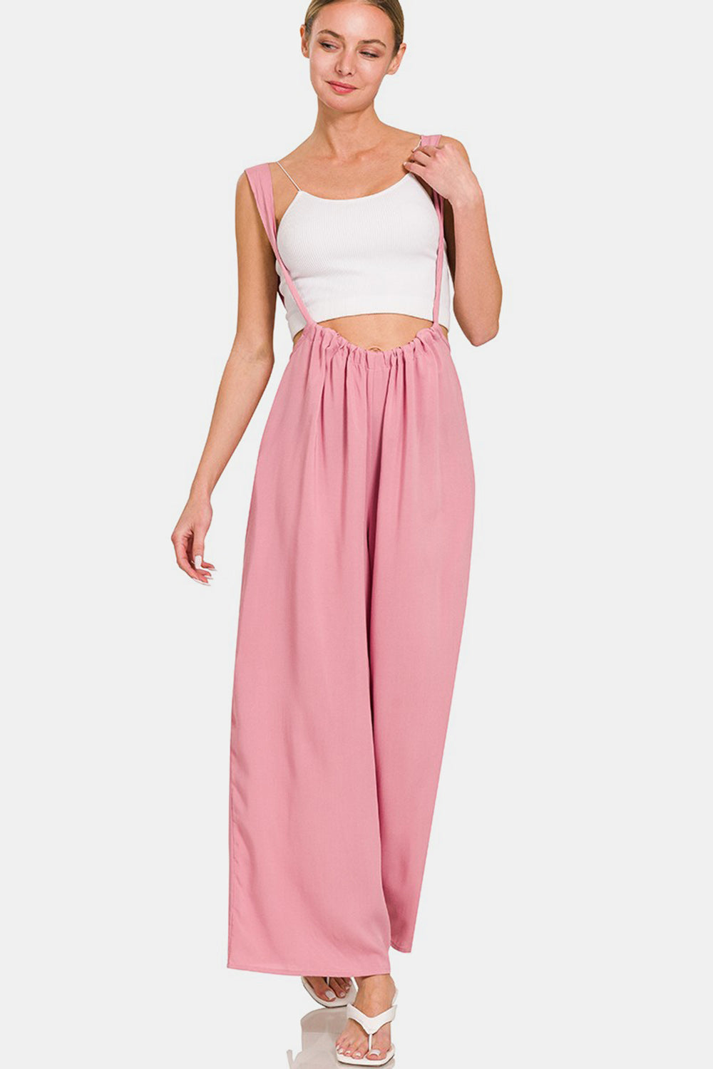 Zenana My Vibe Pocketed Wide Strap Wide Leg Overalls in Light Rose