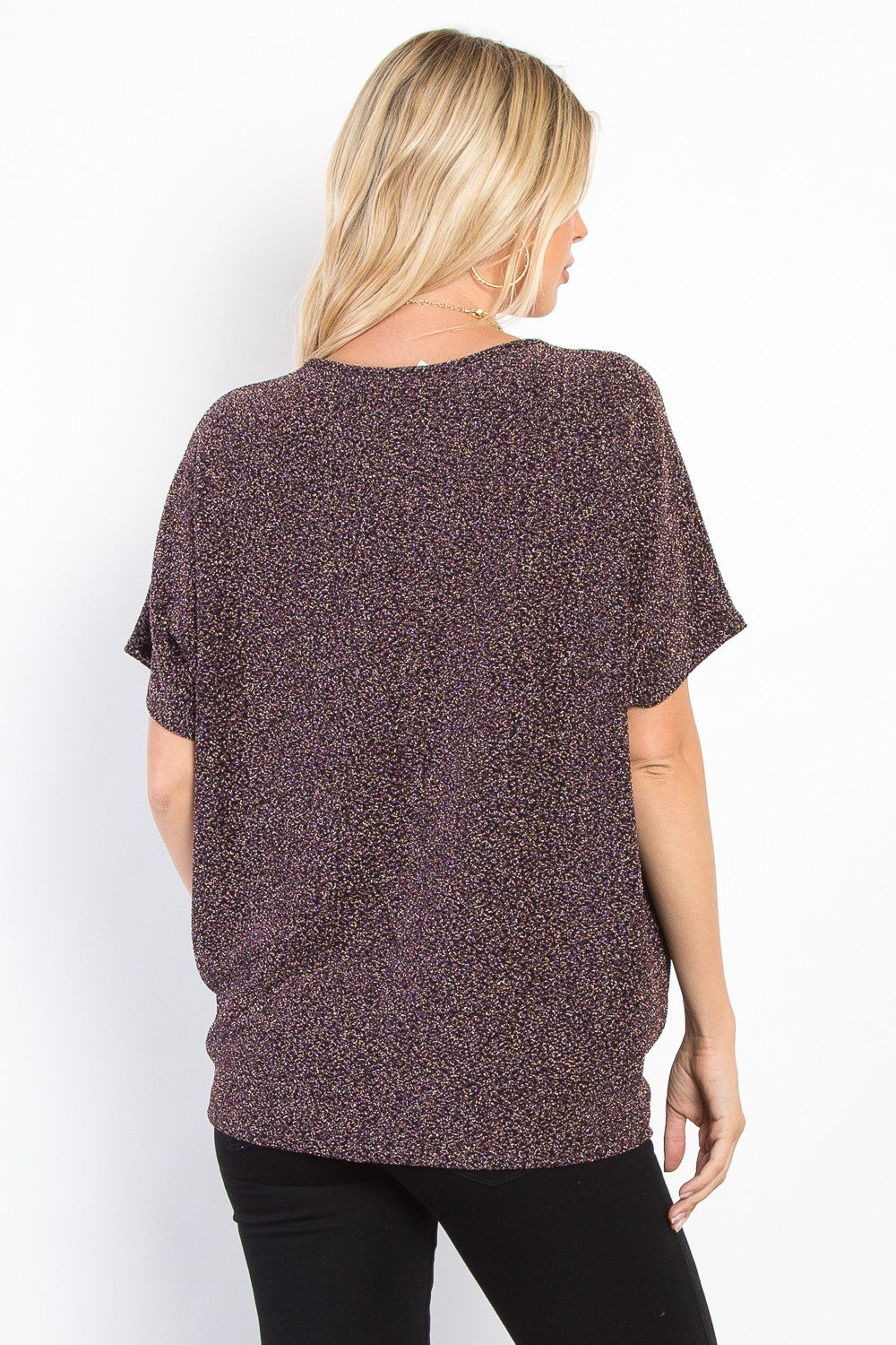 Be Stage Knit and Shimmer Lurex Center Elastic Cinched Knit Top in Brown