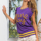 BiBi Game Day Letter Contrast Trim Ruffled Sleeveless Sweater in Purple/Gold