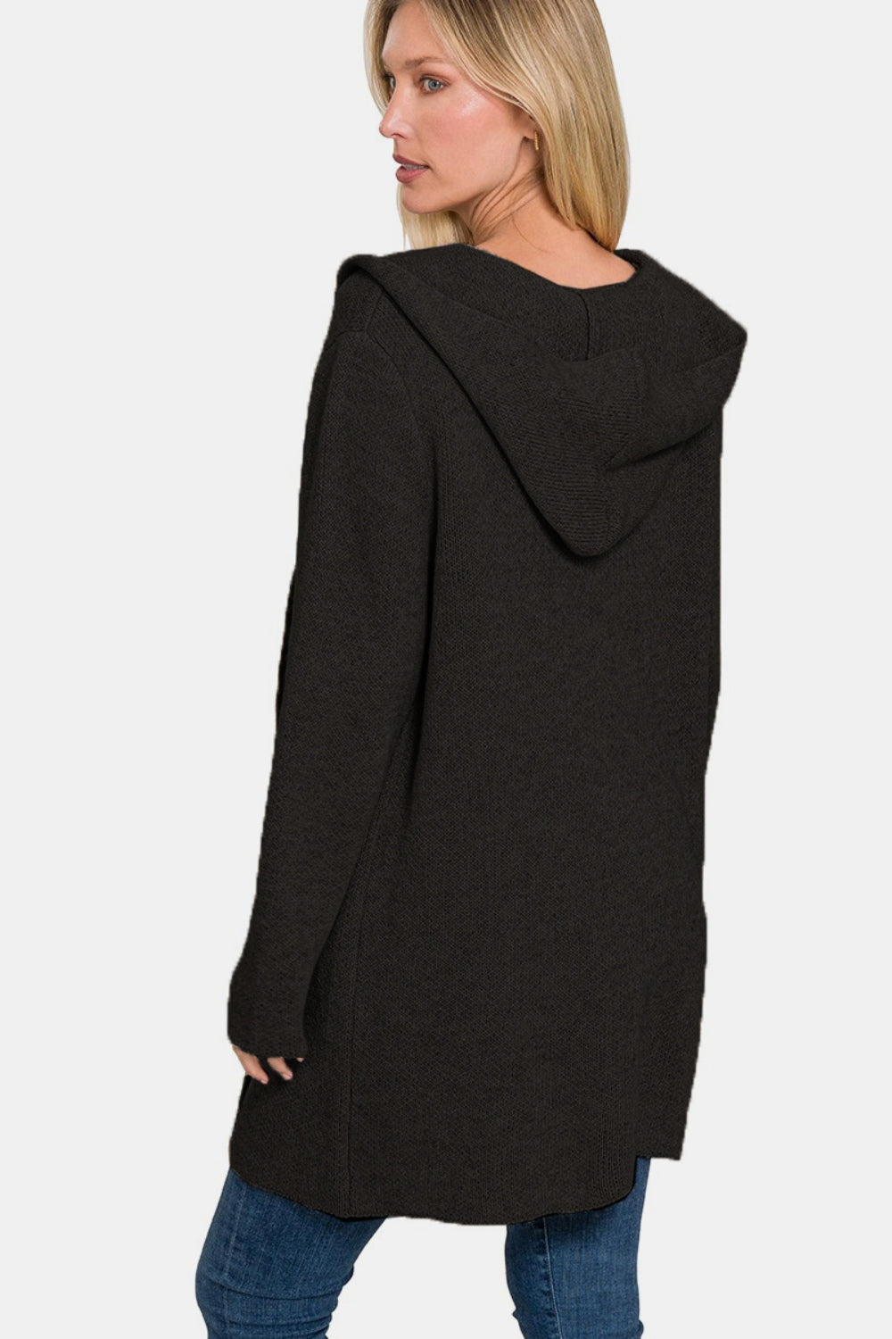 Zenana My Way Hooded Open Front Sweater Cardigan in Black