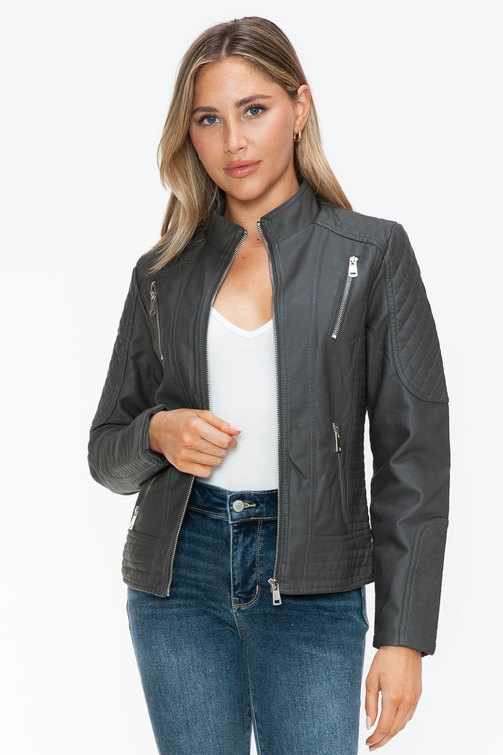 Snobbish Ready To Own The Night Faux Leather Zip Up Mock Neck Jacket in Charcoal