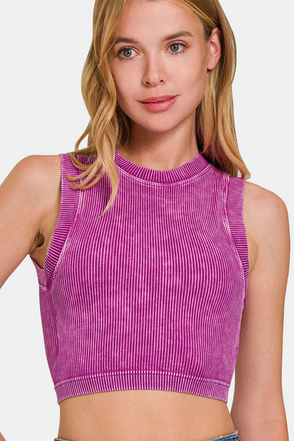 Zenana Make Your Own Summer Washed Ribbed Seamless Crop Tank with Bra Pad in Light Plum