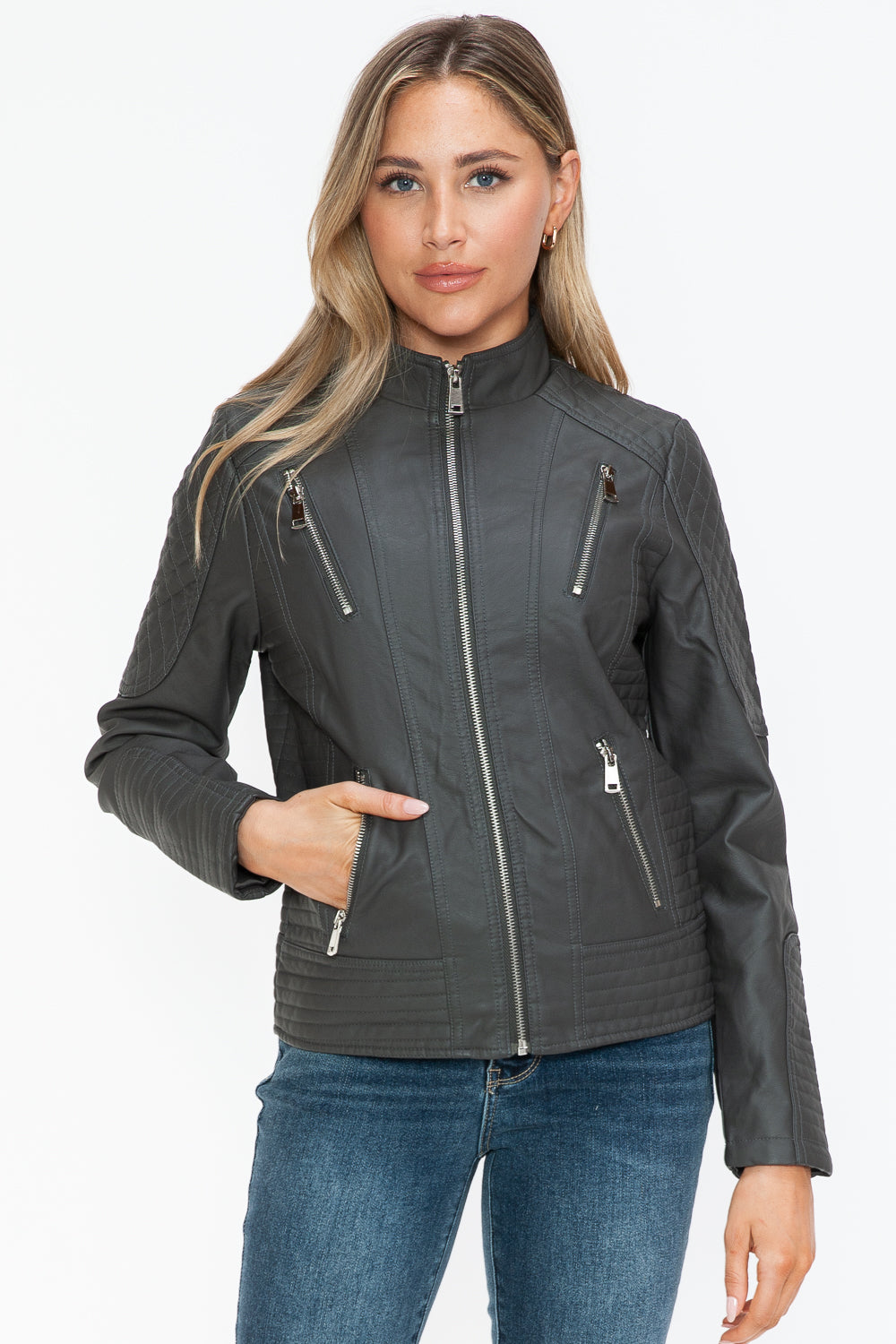 Snobbish Ready To Own The Night Faux Leather Zip Up Mock Neck Jacket in Charcoal