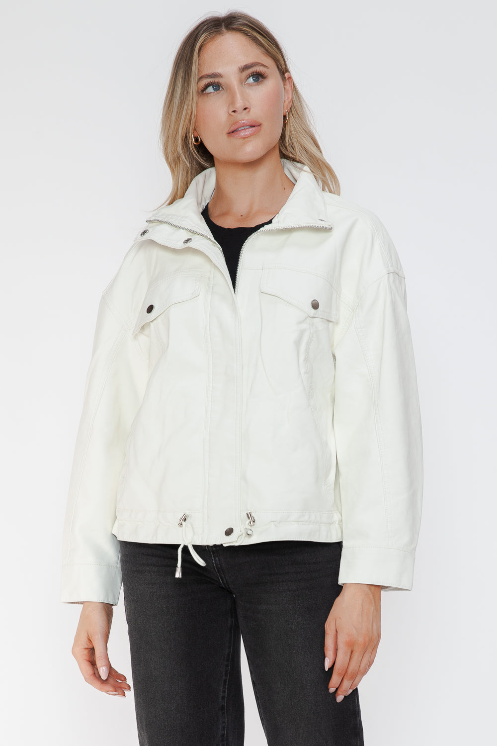 How Dare U My Favorite Layer Drawstring Hem PU Leather Zip Up Jacket in White