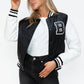 Love Me Now Bring The Love PU Leather Contrast Snap Down Bomber Jacket in Black/ White