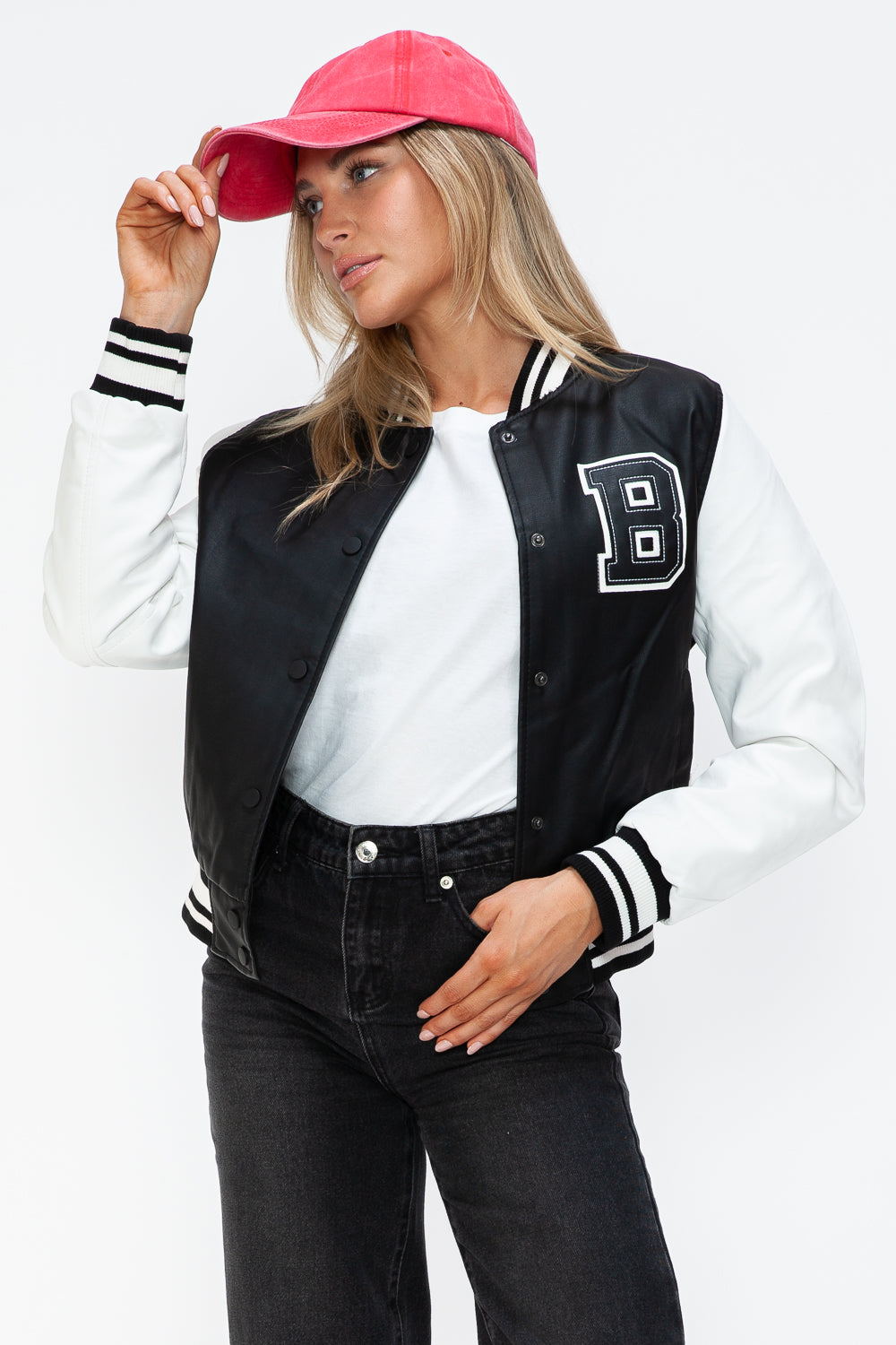 Love Me Now Bring The Love PU Leather Contrast Snap Down Bomber Jacket in Black/ White