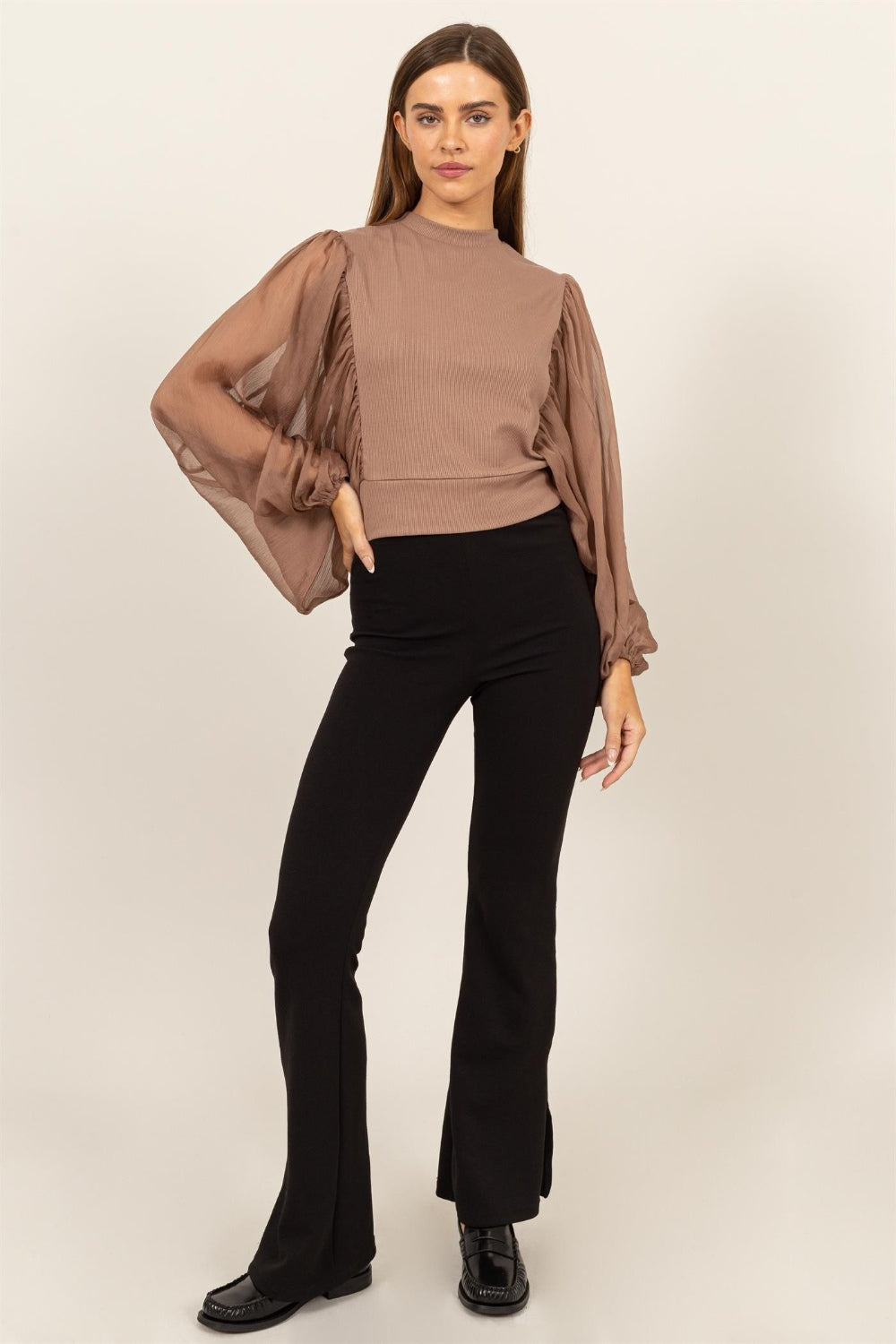 HYFVE Angel Wings Ruched Sheer Long Sleeve Mock Neck Blouse
