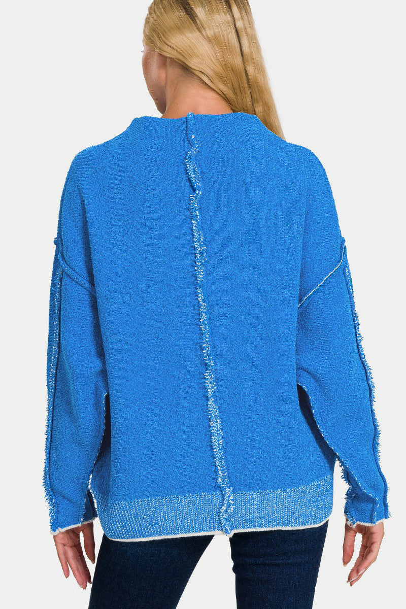 Zenana Everyday Cozy Exposed Seam Mock Neck Long Sleeve Sweater in Ocean Blue