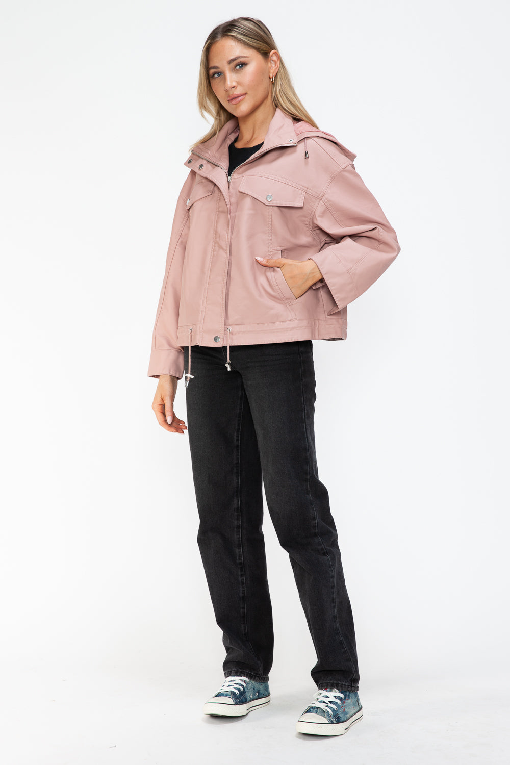 How Dare U My Favorite Layer Drawstring Hem PU Leather Zip Up Jacket in Mauve