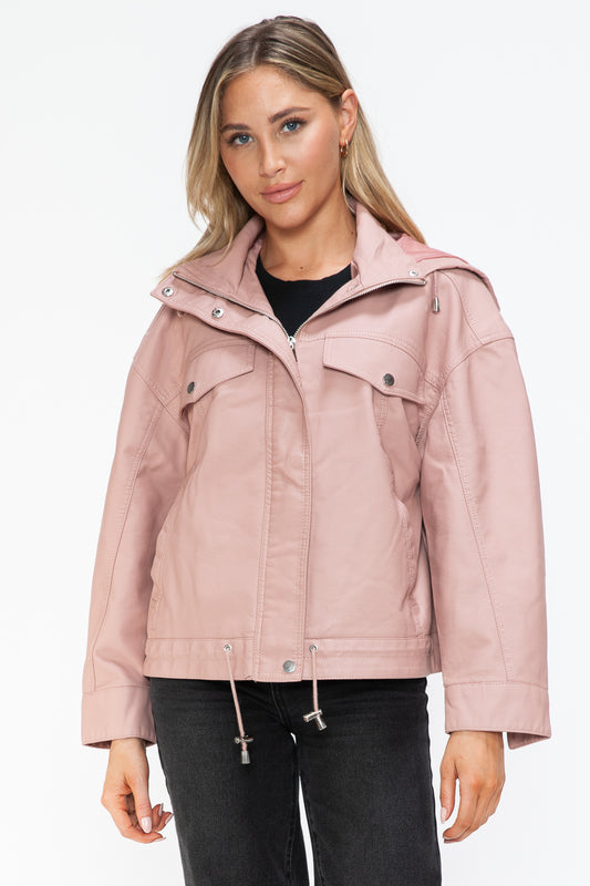 How Dare U My Favorite Layer Drawstring Hem PU Leather Zip Up Jacket in Mauve